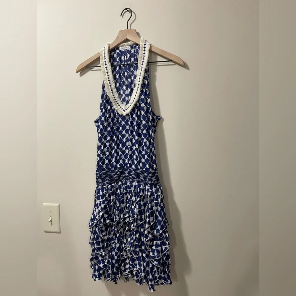 Poupette St Barth Blue & Cream Fringe Ruffle Fit & Flare Dress Size Small - Picture 5 of 10